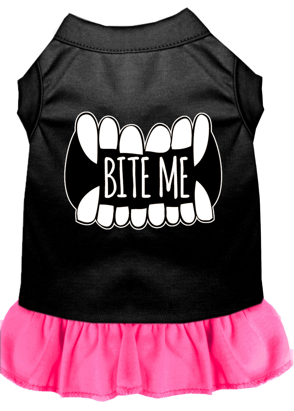 Bite Me Screen Print Dog Dress Black with Bright Pink Lg
